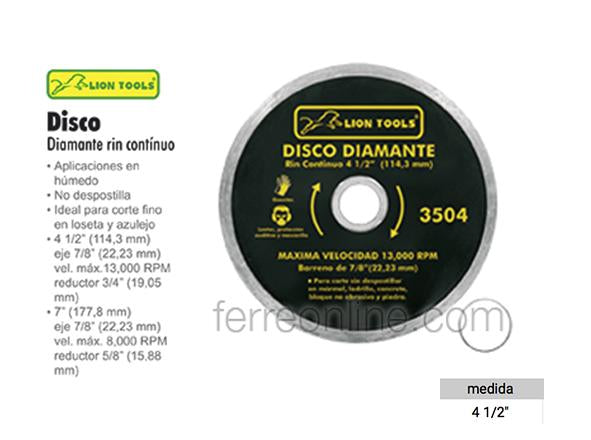 DISCO DIAMANTE CONTINUO 4 1/2 LION TOOLS 3504 – Ferreonline  (Ferremateriales La Mexicana)