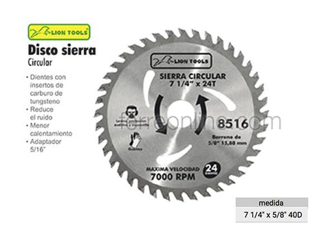 DISCO PARA SIERRA CIRCULAR 7 1/4" 40 DIENTES LION TOOLS 8517